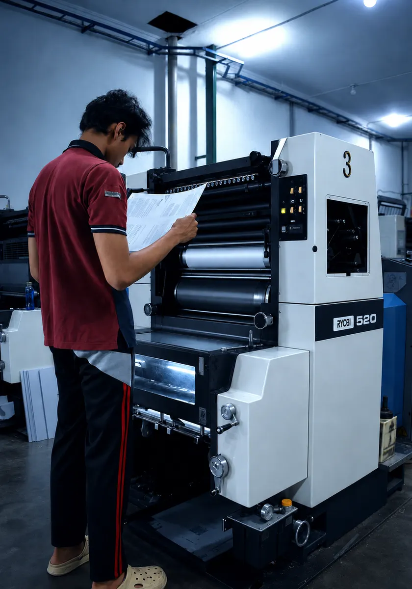 Operator Percetakan Ivorie Solo menjalankan mesin cetak offset di workshop Kartasura